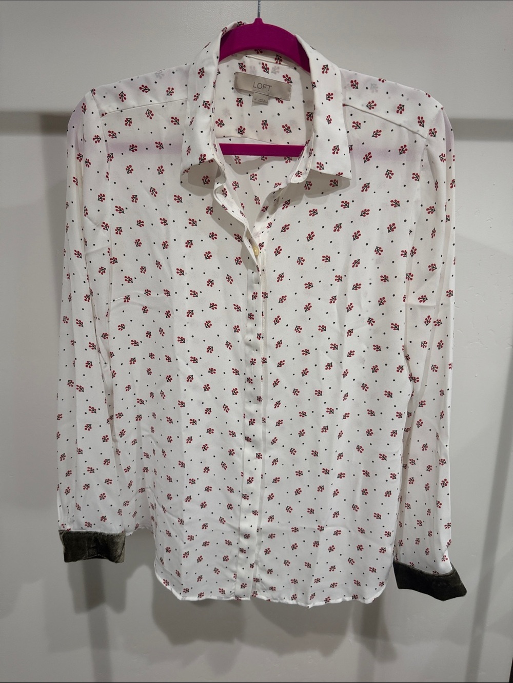 LOFT White Blouse with Small Red Floral Print